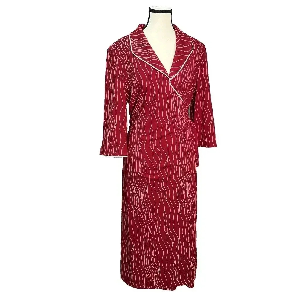 Vintage Leslie Fay Faux Wrap Secretary Teacher Dress Sz 16‎ Trim Midi Red